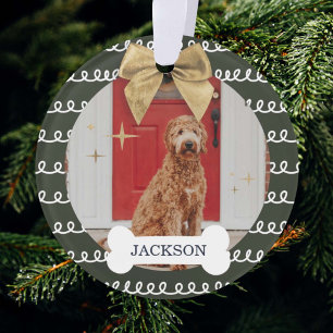 Gold Bow Red & White Swirl Pattern Dog Bone Photo Ornament