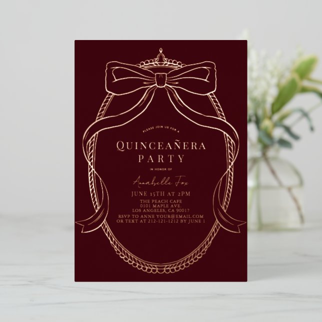 Gold Bow Ribbon Tiara Frame Burgundy Quinceañera (Standing Front)