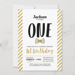 Gold, Bow Tie   Boy 1st Birthday Invitation
