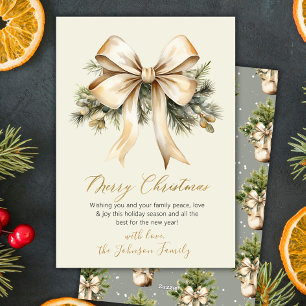 Gold Bow Watercolor Christmas Foliage Beige Holiday Card