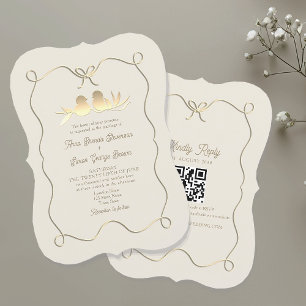 Gold Bow Wedding Invitation with QR Code