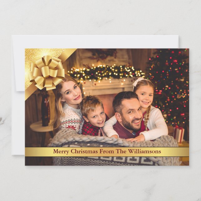 Gold Bow With Golden Ribbon Merry Christmas Photo Holiday Card (Front)