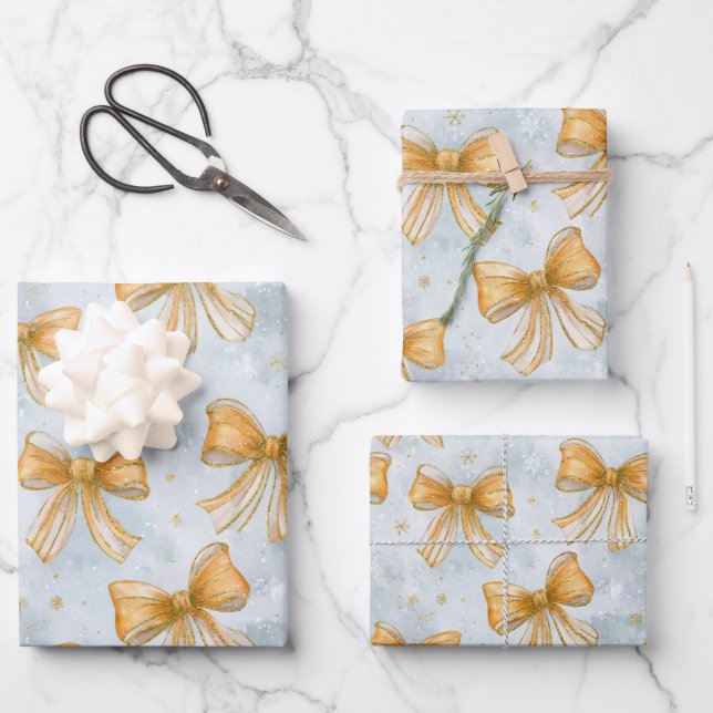 Gold Bows Baby Blue Christmas Wrapping Paper Sheet (Front)