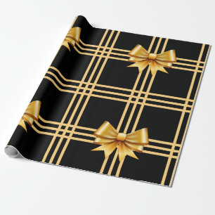 Gold Bows on Black Background Wrapping Paper