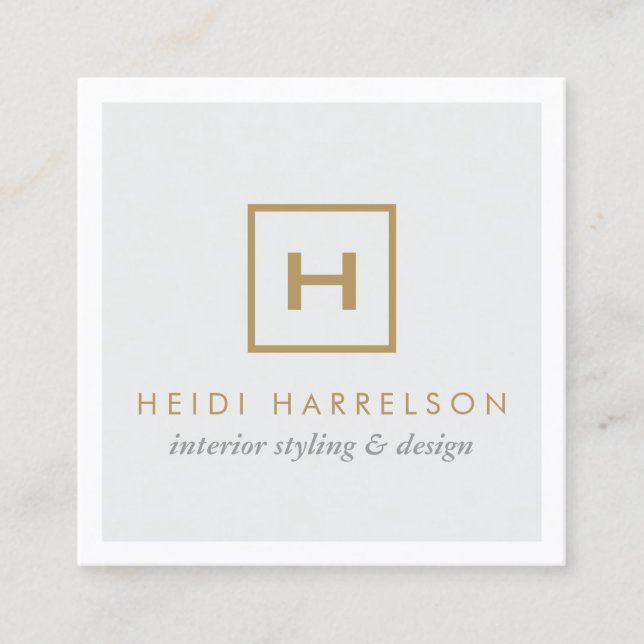 Gold Box Logo Monogram on Light Grey Square Business Card (Front)