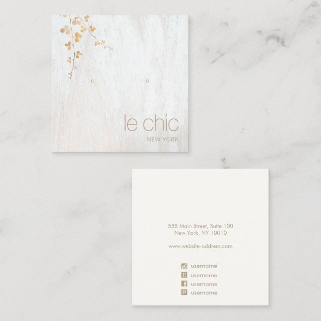 Gold Branch White Wood Square Earring Display Square Business Card (Front/Back)