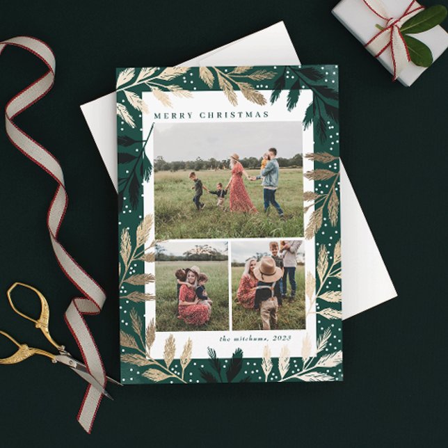 Gold Branches 3 Photo Christmas Holiday Card (Creator Uploaded)