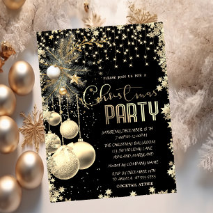 Gold Branches Balls Stars Black Company Christmas  Invitation