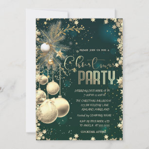 Gold Branches Balls Stars Green Company Christmas Invitation