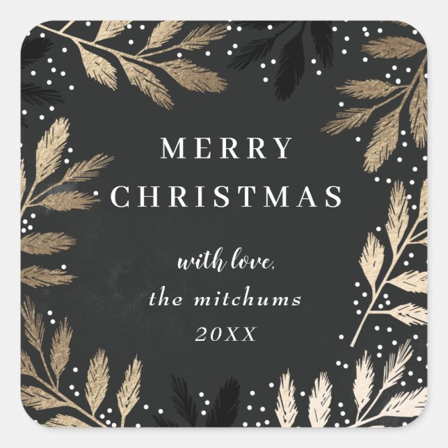 Gold Branches Merry Christmas Holiday Square Sticker (Front)