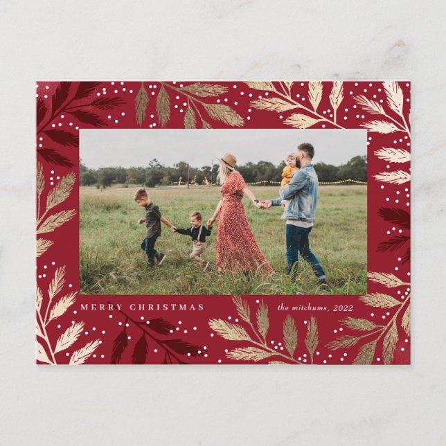 Gold Branches Merry Christmas Photo  Holiday Postcard (Front)