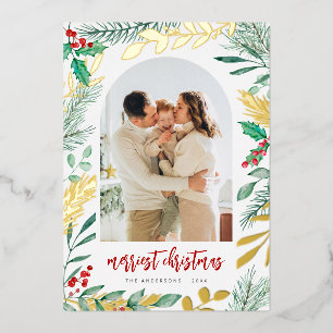 Gold Branches Watercolor Foliage Christmas 5 Photo Foil Holiday Card