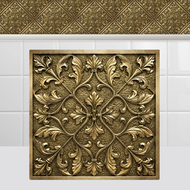Gold Brass Renaissance Foliage Trellis Ceiling Tile (Gold Brass Renaissance Foliage Trellis Ceiling Damask Ceramic Tile)