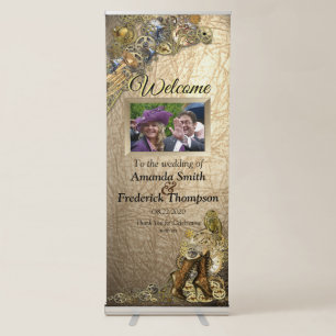 Gold & Brass Steampunk sculptures on gold leather Retractable Banner