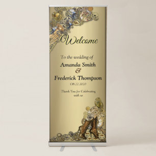 Gold & Brass Steampunk sculptures on gold Retractable Banner