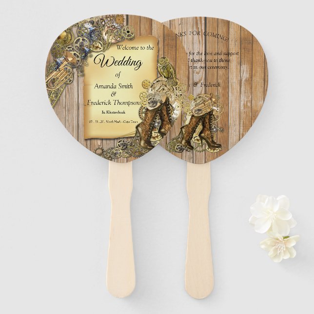 Gold  & Brass Steampunk sculptures on Wood Hand Fan (Front and Back)