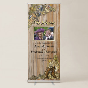 Gold & Brass Steampunk sculptures on Wood Retractable Banner