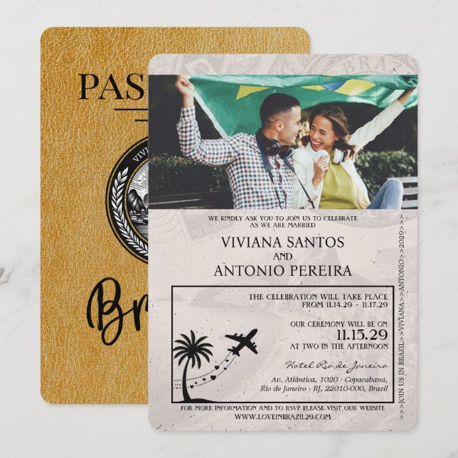 Gold Brazil Passport Wedding Invitation (Front/Back)