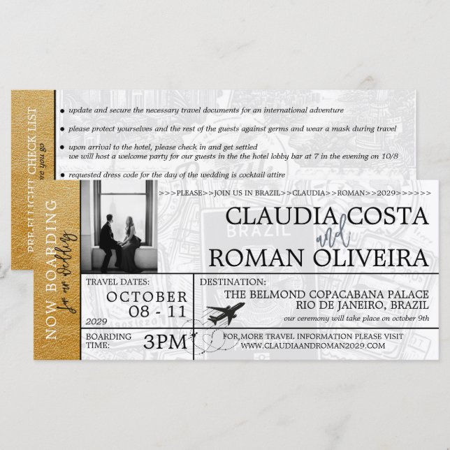 Gold Brazil Wedding Boarding Pass Invitation (Front/Back)