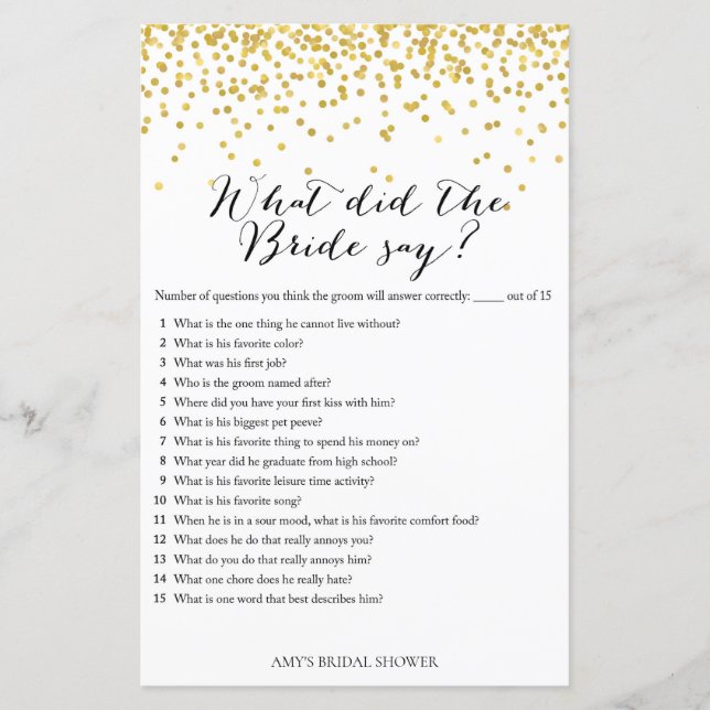 Gold Bridal Shower Game - What did bride say (Front)