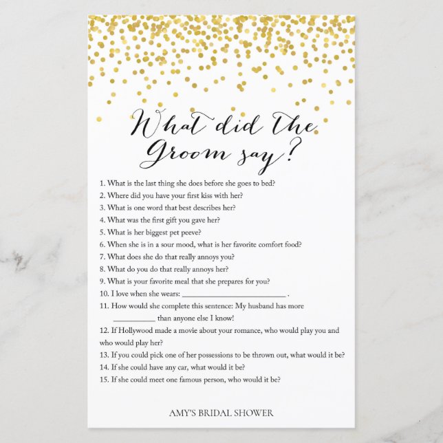 Gold Bridal Shower Game - What did Groom say (Front)