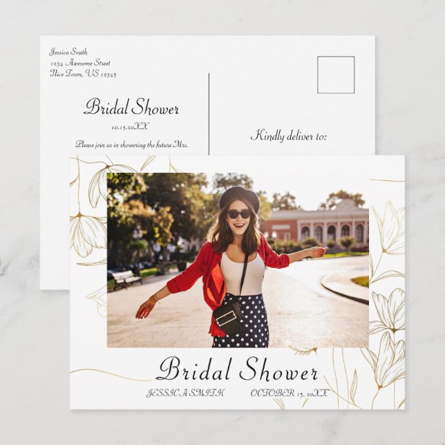 Gold Bridal Shower PHOTO Invitation Postcard (Front/Back)
