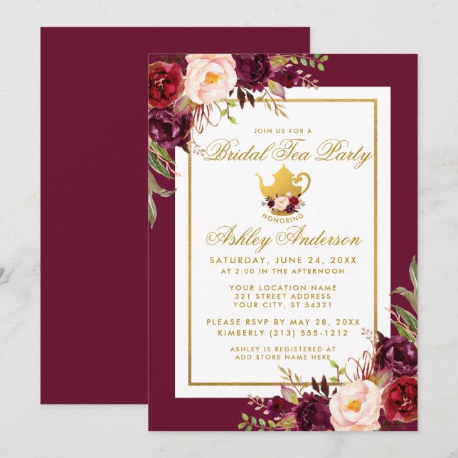 Gold Bridal Shower Tea Party Burgundy Invite B (Front/Back)
