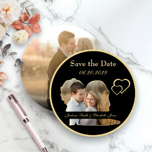 Gold Bride and Groom Shape Photo Round Wedding Save The Date
