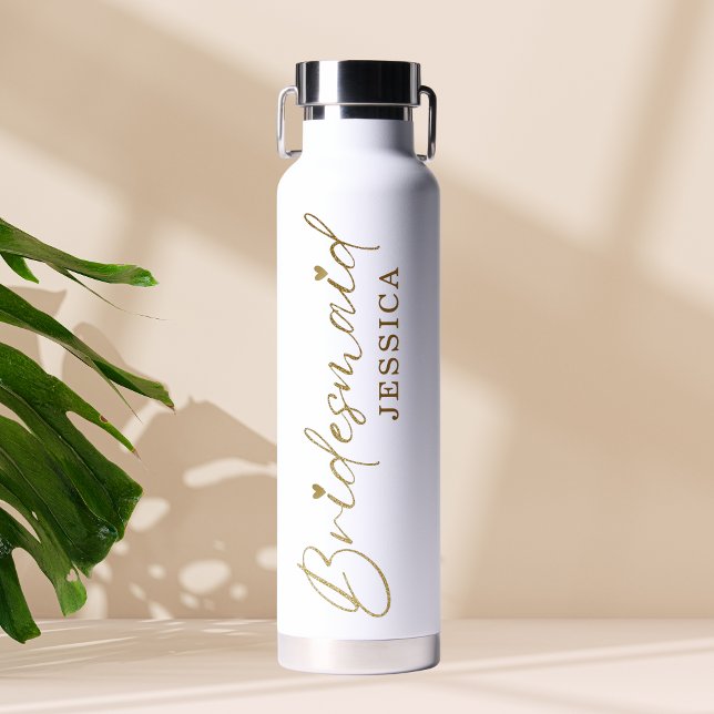 Gold Bridesmaid Modern Minimalist Script Water Bottle (Creator Uploaded)