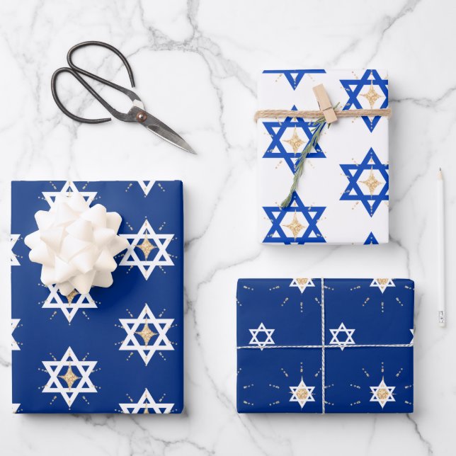 Gold Bright Shining Star of David Hannukah Wrapping Paper Sheet (Front)