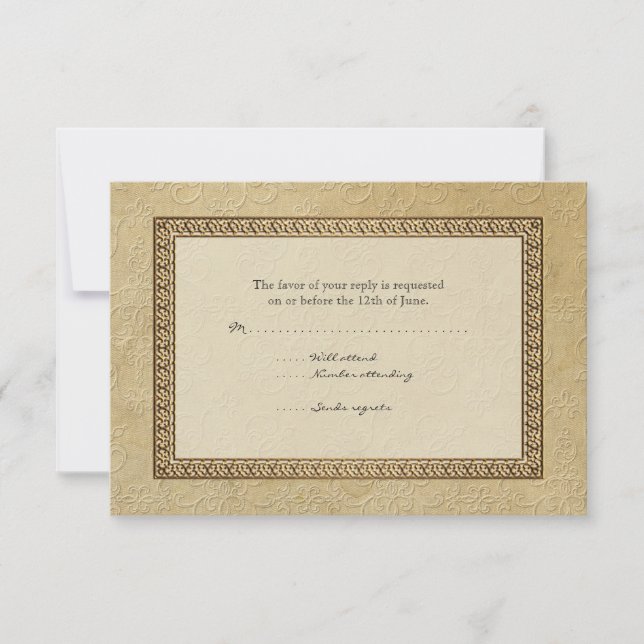 Gold Brocade Damask Floral Formal Elegant RSVP Card (Front)