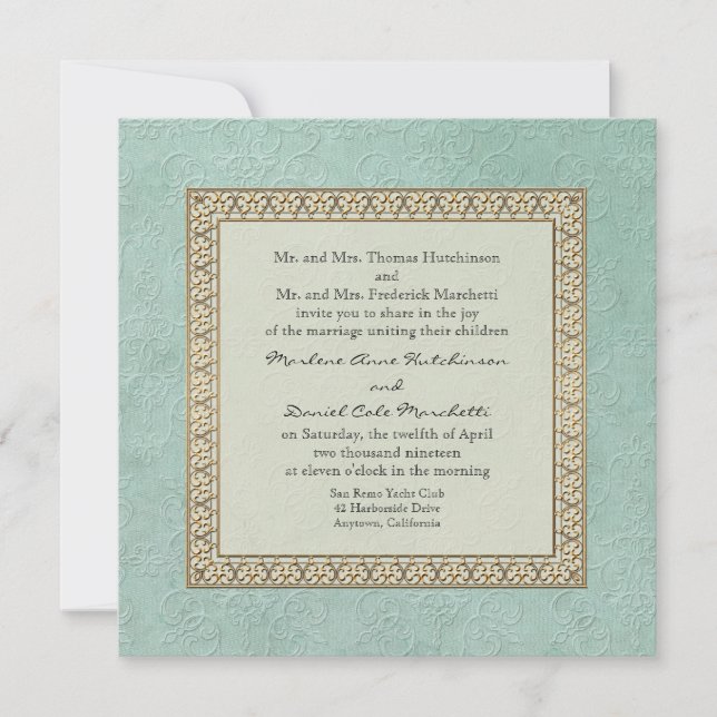 Gold Brocade Damask Floral Formal Elegant Wedding Invitation (Front)