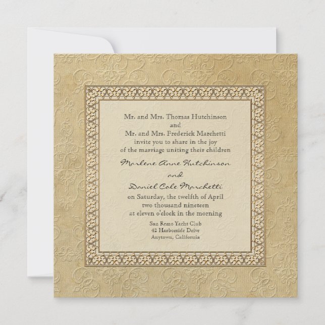 Gold Brocade Damask Floral Formal Elegant Wedding Invitation (Front)