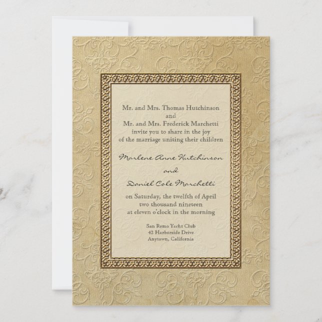 Gold Brocade Damask Floral Formal Elegant Wedding Invitation (Front)