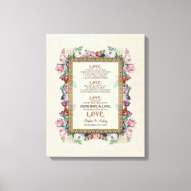 Gold Brocade Floral Love is Wedding Personalised Canvas Print (Front)