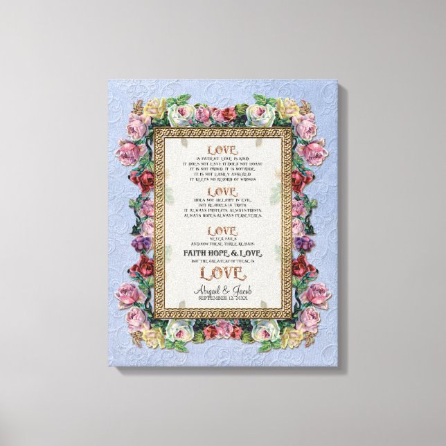 Gold Brocade Floral Love is Wedding Personalised Canvas Print (Front)
