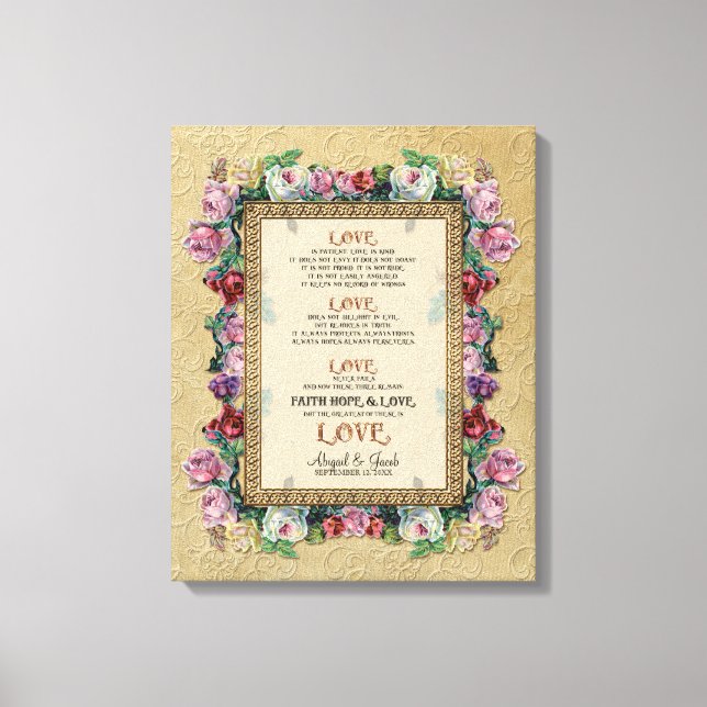 Gold Brocade Floral Love is Wedding Personalised Canvas Print (Front)
