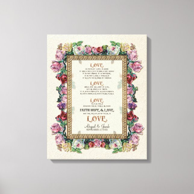 Gold Brocade Floral Love is Wedding Personalised Canvas Print (Front)