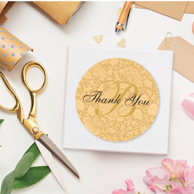 Gold Brocade Monogram Thank You Classic Round Sticker (Creator Uploaded)