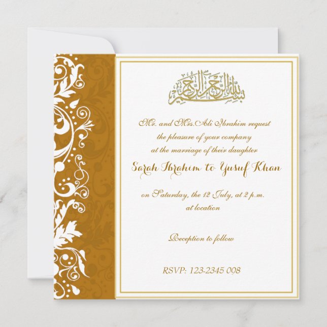 Gold Brocade Muslim wedding Invitation (Front)