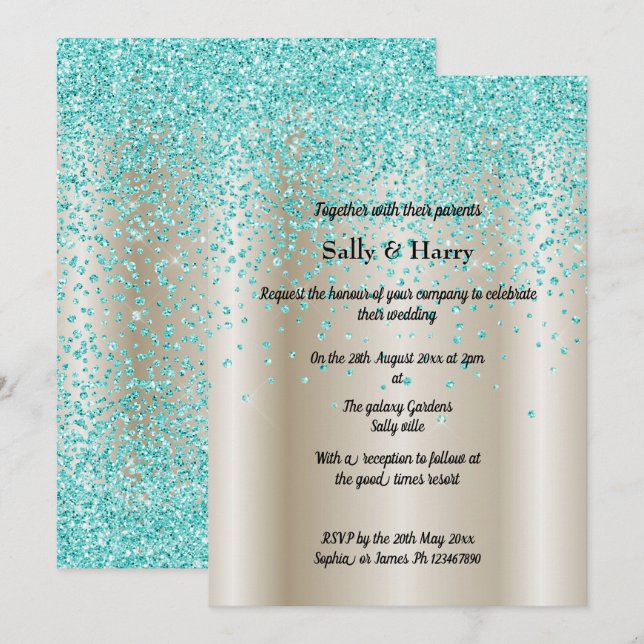 Gold Bronze Aqua Diamonds Crystal Modern Wedding Invitation (Front/Back)