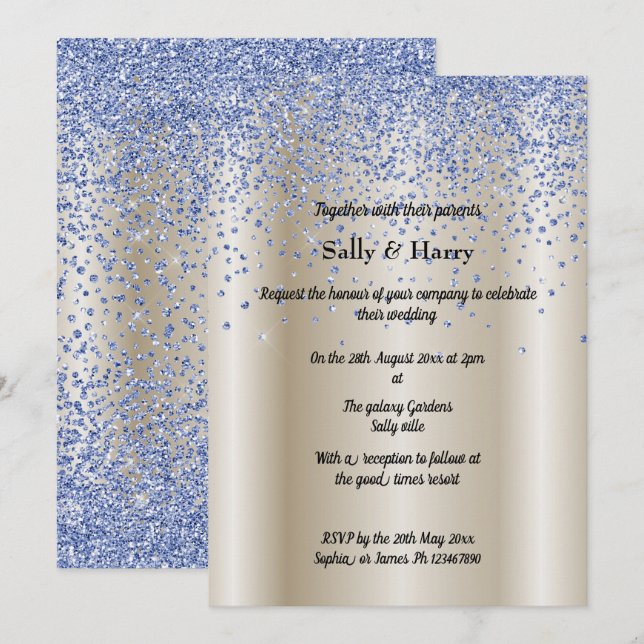 Gold Bronze Blue Diamonds Crystal Modern Wedding Invitation (Front/Back)