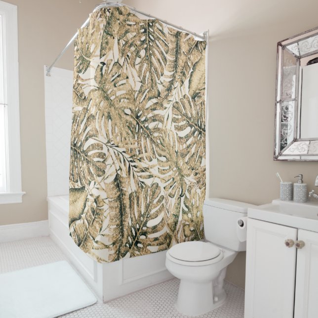 Gold Bronze Glitter Tropical Palm Leaves Chic Shower Curtain (In Situ)
