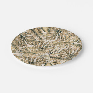 Gold Bronze Glitter Tropical Palm Leaves Wedding Paper Plate