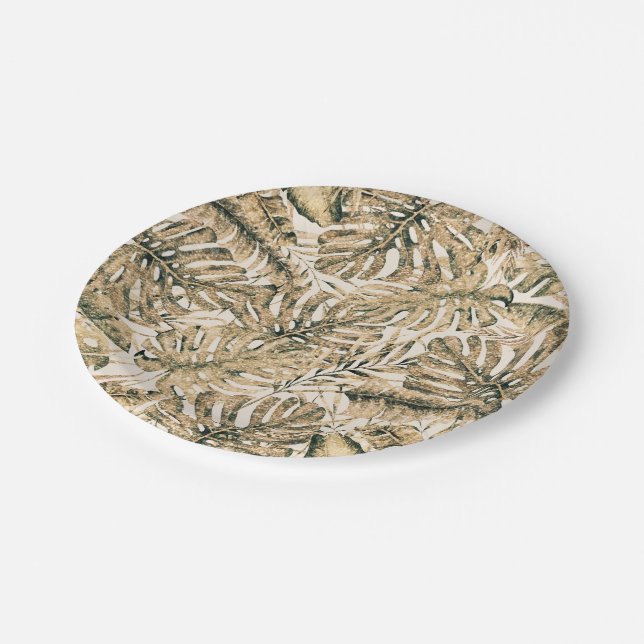 Gold Bronze Glitter Tropical Palm Leaves Wedding Paper Plate (Angled)