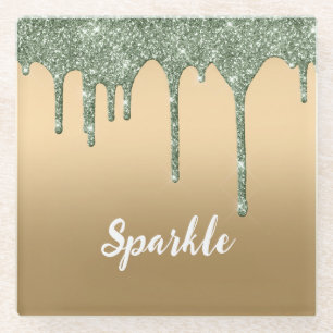 Gold Bronze Green Glitter Drips Glass Coaster