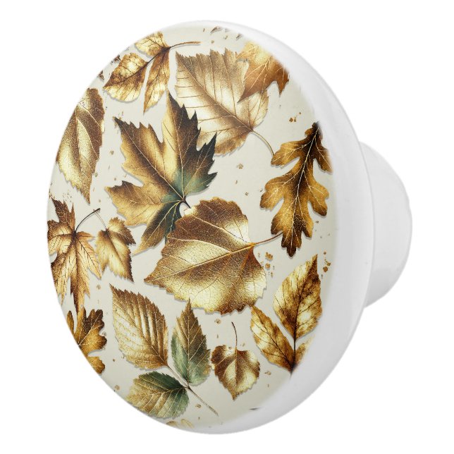 Gold Bronze Leaves Almond Beige Glam Fall Ceramic Knob (Right)