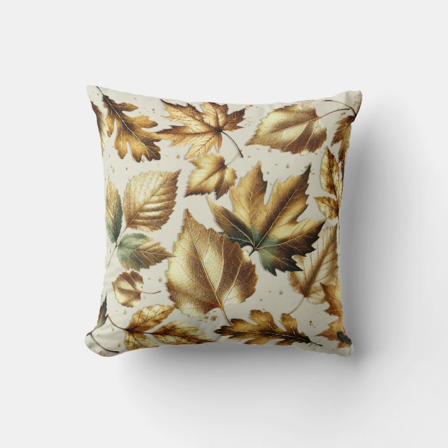 Gold Bronze Leaves Almond Beige Glam Fall Cushion (Front)