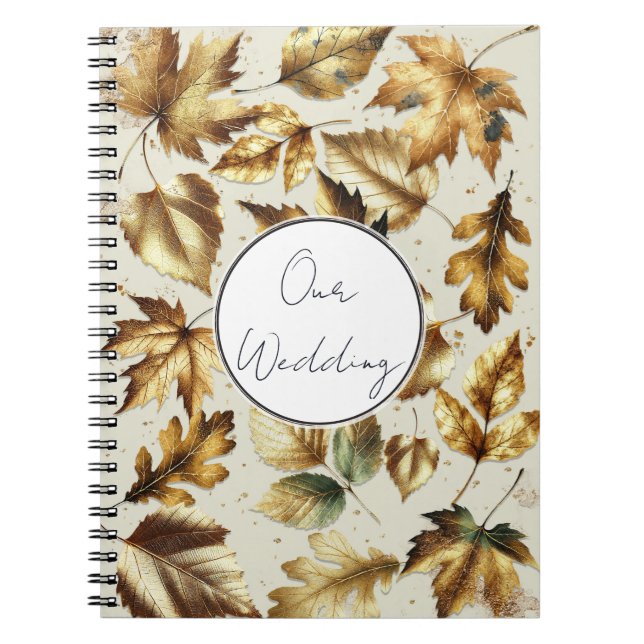 Gold Bronze Leaves Almond Beige Glam Fall Wedding Notebook (Front)
