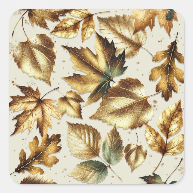 Gold Bronze Leaves Almond Beige Glam Fall Wedding Square Sticker (Front)